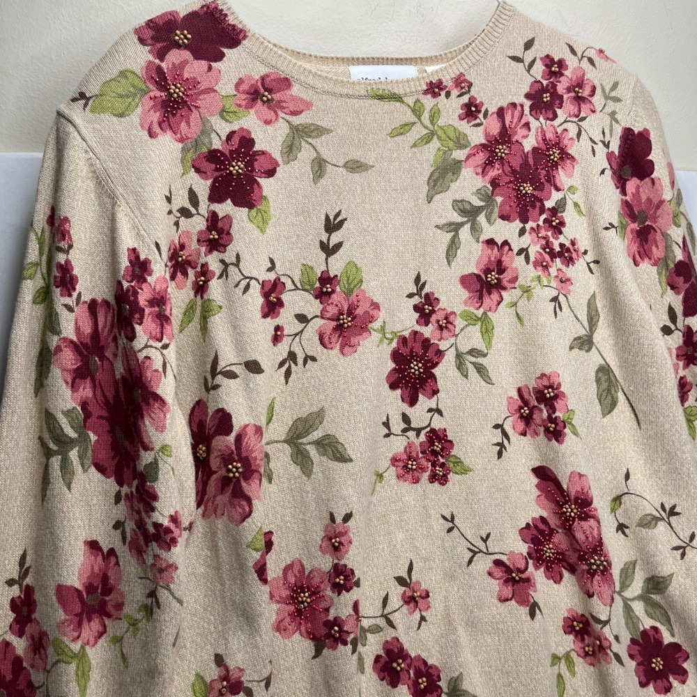 Alfred Dunner Sweater Womens XL Tan Red Floral Beaded Ramie Cotton Knit Pullover - Picture 7 of 9